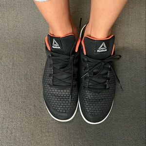 Reebok tennis shoes! Black with bright coral. Size 9. Worn a few times.